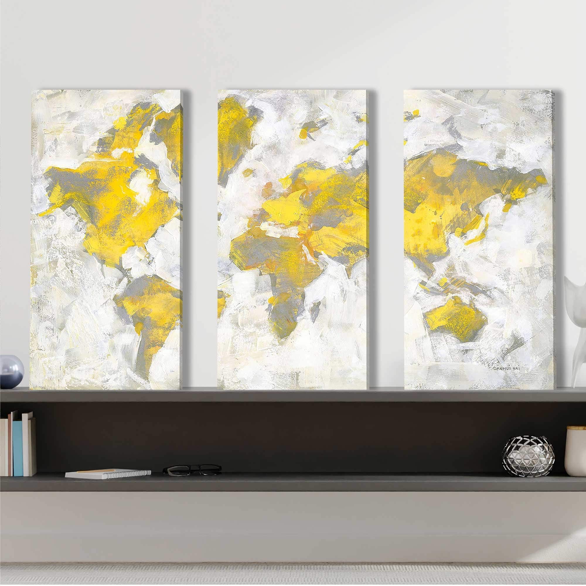 "World Map Yellow Gray" by Danhui Nai 3 Piece Set on Canvas Bed Bath